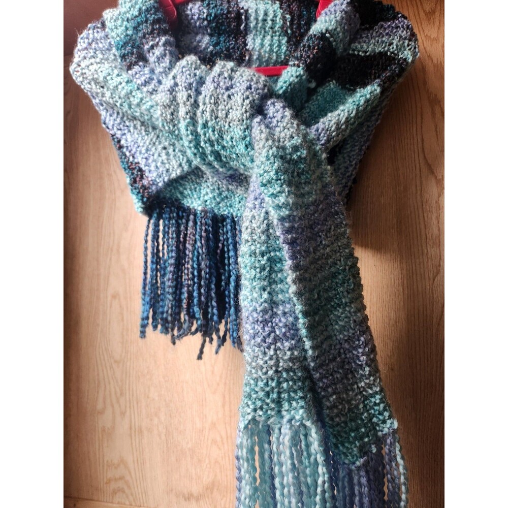 Soft Wide Handmade Scarf Crochet ~18x64 In. Multicolor Blue Stripes W/ Fringe - Picture 4 of 16
